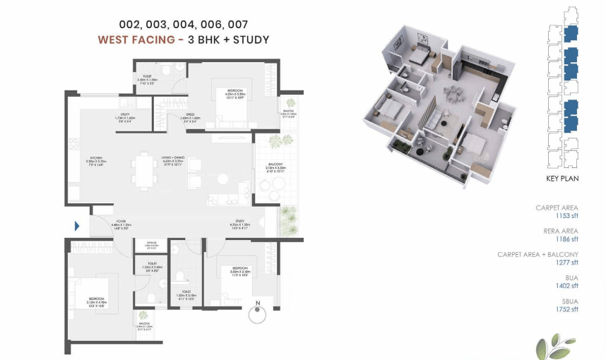 Engrace by Modern Spaces 3bhkstudy floor plan